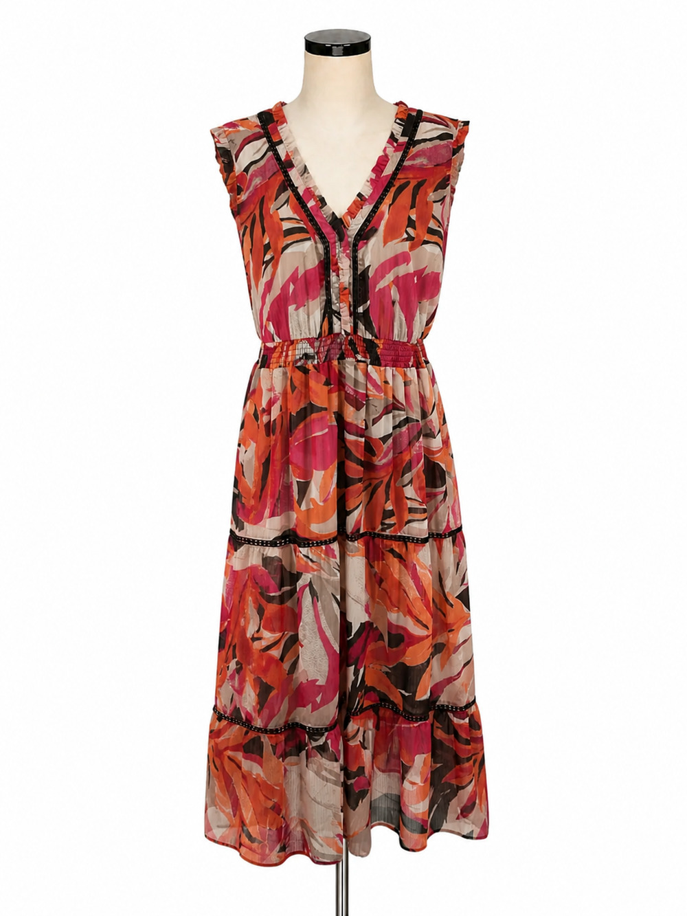 John Paul Richard Tropical Floral Ruffle Trim Maxi Dress Size Large